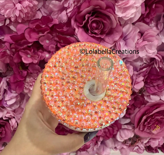 Cockapoo Glass Can Cup Rhinestone Orange Peach Bling Lid