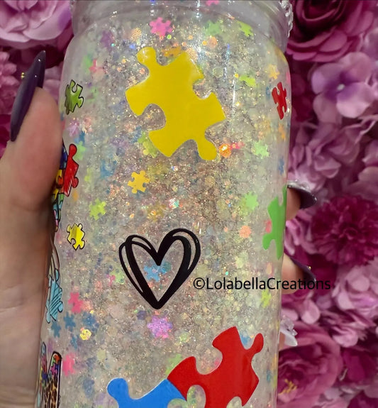 Autism Awareness Full Suspended Snowglobe Cup Tumbler with Ice Decorated Bling Lid