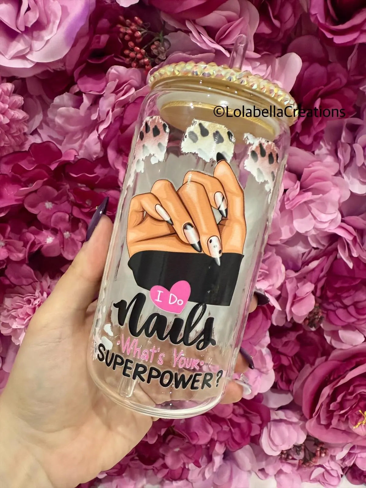 Nail Artist Superpower Glass Can Cup Rhinestone Beige Cream Bling Lid