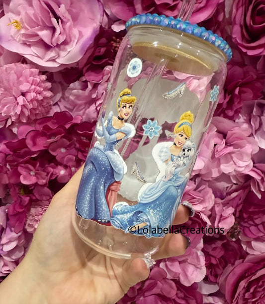 Cinderella Princess inspired Glass Can Cup Rhinestone Blue Bling Lid