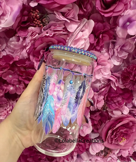 Dreamy Feathers Glass Can Cup Rhinestone Purple Bling Lid