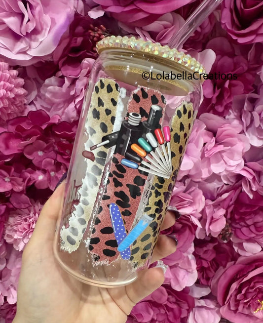 Nail Artist Superpower Glass Can Cup Rhinestone Beige Cream Bling Lid