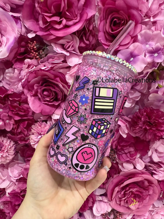 90's baby Acrylic Slow Flow Suspended Snowglobe Cup Tumbler with Rhinestone Decorated Bling Lid