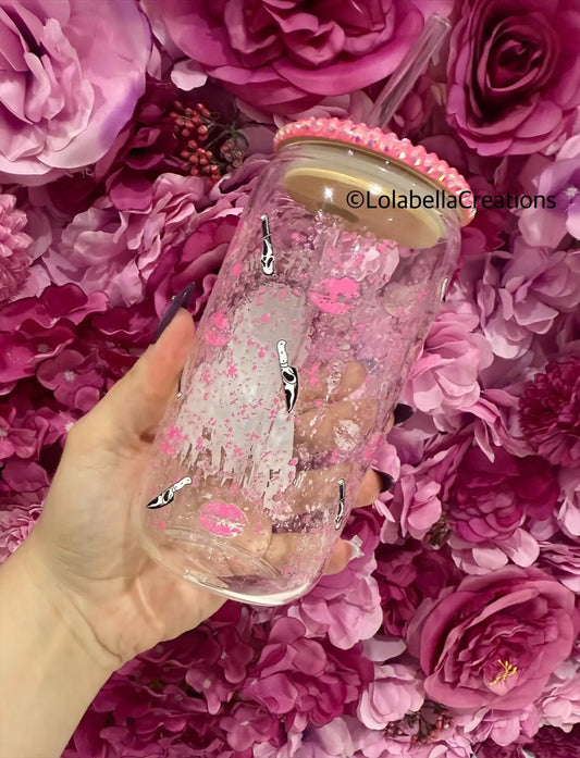 Ghost Face Pink Horror Glass Can Cup Rhinestone Pink Bling Lid