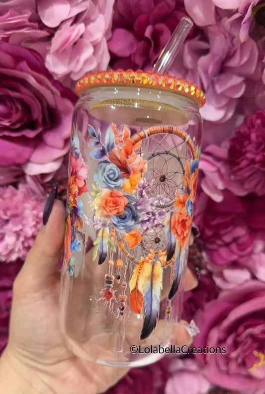 Dream Catcher Glass Can Cup Rhinestone Orange Bling