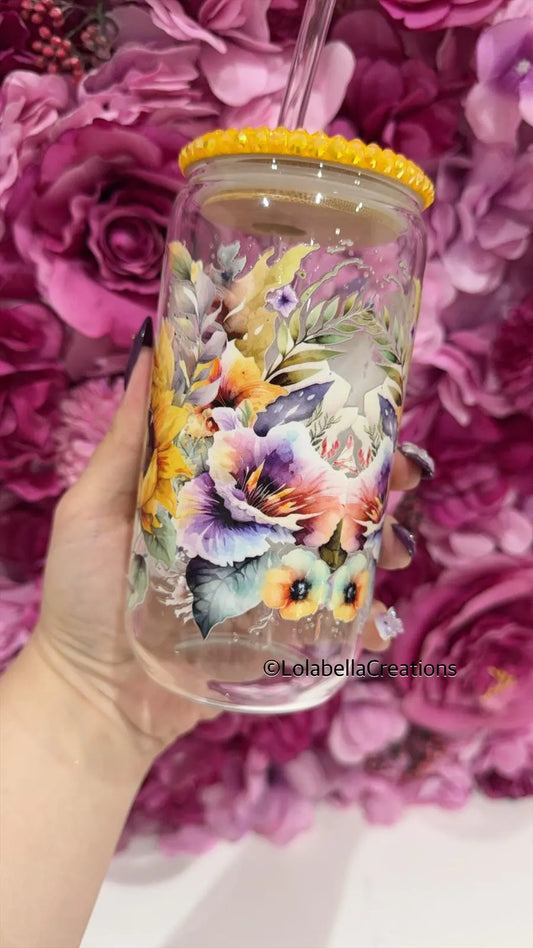 Highland Cow Glass Can Cup Rhinestone Yellow Mustard Bling Lid