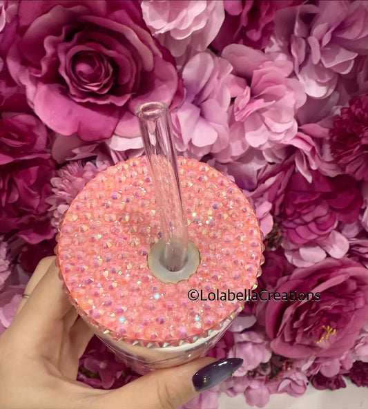 Pink Flowers and Butterflies Glass Can Cup Rhinestone Pink Bling Lid