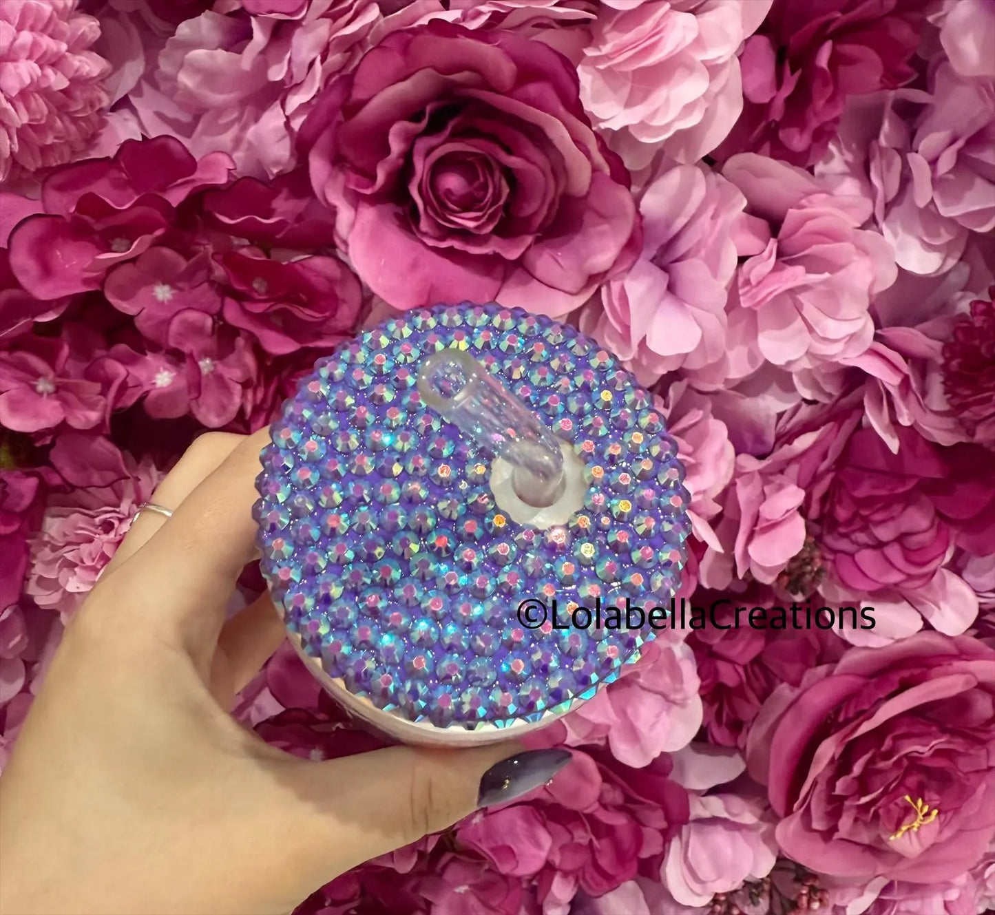 Dreamy Feathers Glass Can Cup Rhinestone Purple Bling Lid