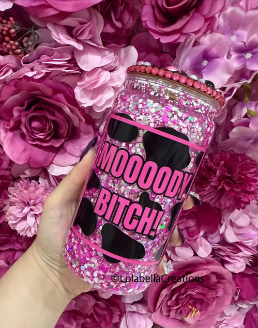 Moody Bitch Slow Flow Suspended Snowglobe Cup Tumbler with Rhinestone Pearl Decorated Bling Lid