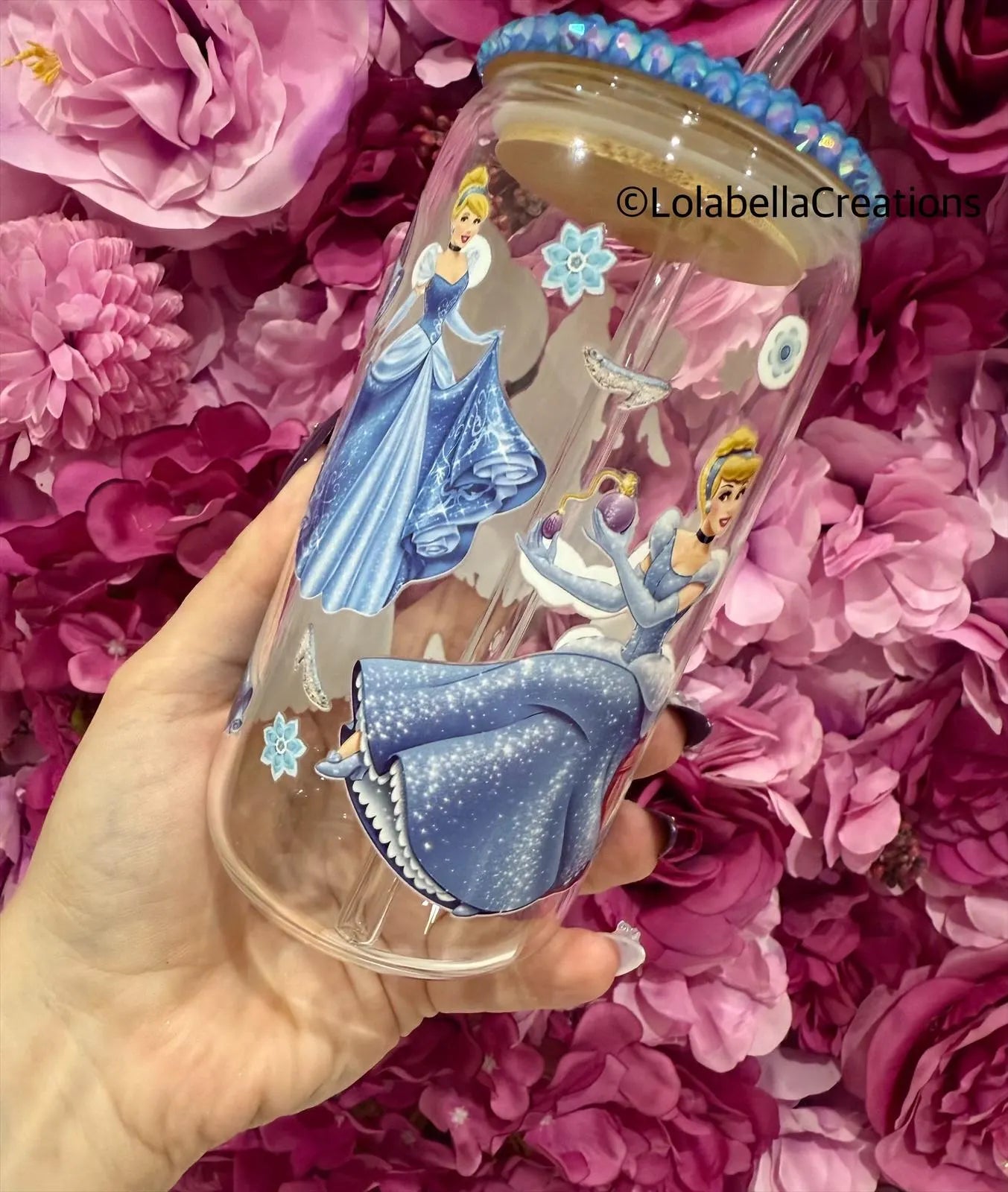 Cinderella Princess inspired Glass Can Cup Rhinestone Blue Bling Lid