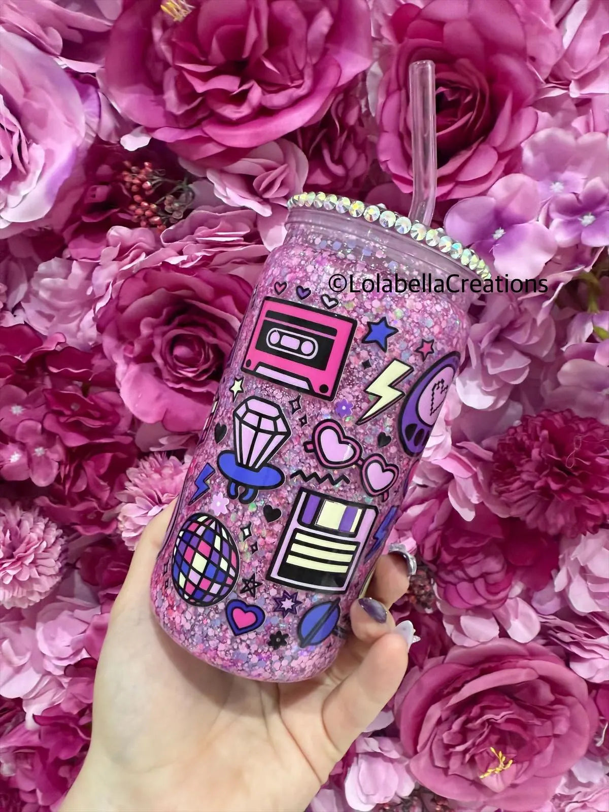 90's baby Acrylic Slow Flow Suspended Snowglobe Cup Tumbler with Rhinestone Decorated Bling Lid