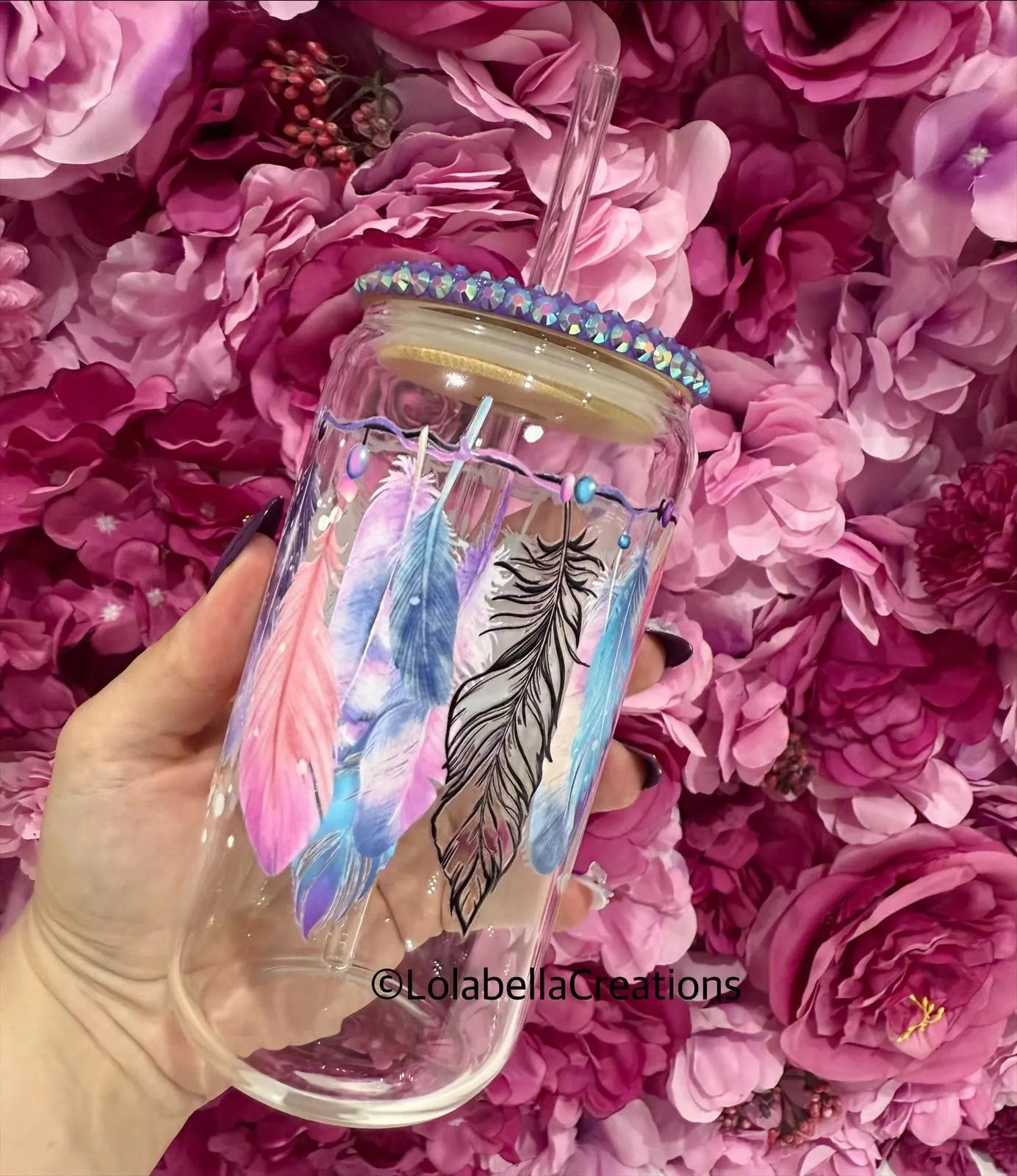 Dreamy Feathers Glass Can Cup Rhinestone Purple Bling Lid