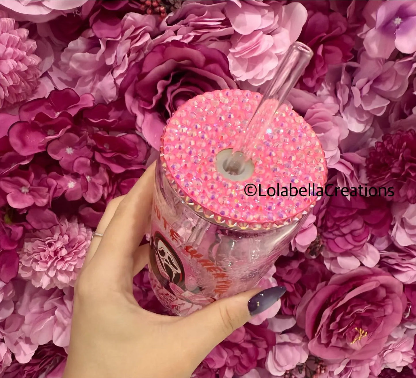 Ghost Face Pink Horror Glass Can Cup Rhinestone Pink Bling Lid