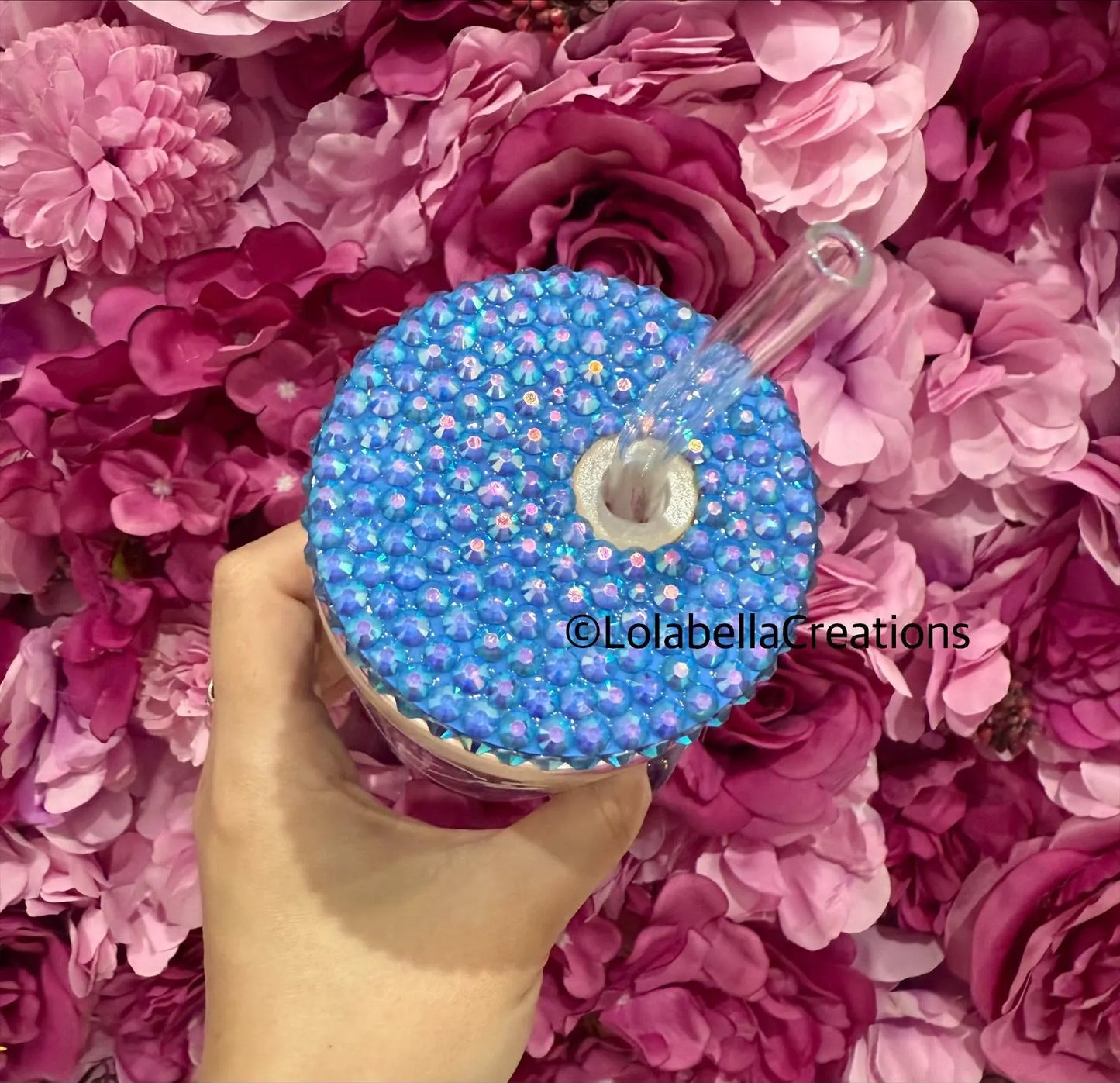 Cinderella Princess inspired Glass Can Cup Rhinestone Blue Bling Lid