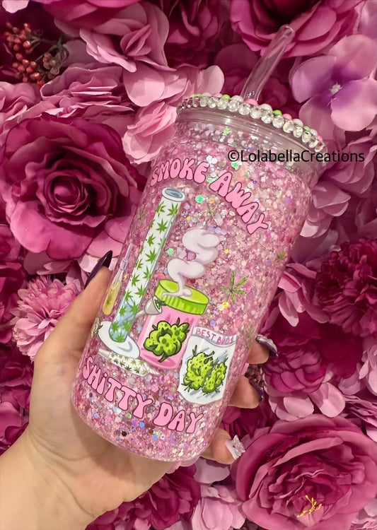 Smoke Away a Shitty Day Cannabis Weed 420 Stoned Full Suspended Snowglobe Cup Tumbler with Decorated Bling Lid