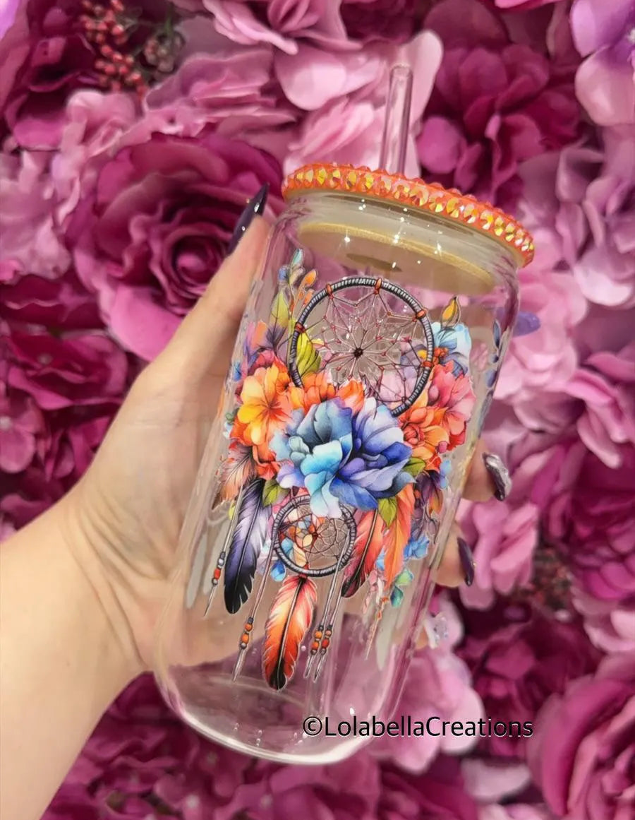 Dream Catcher Glass Can Cup Rhinestone Orange Bling