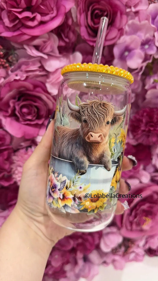 Highland Cow Glass Can Cup Rhinestone Yellow Mustard Bling Lid