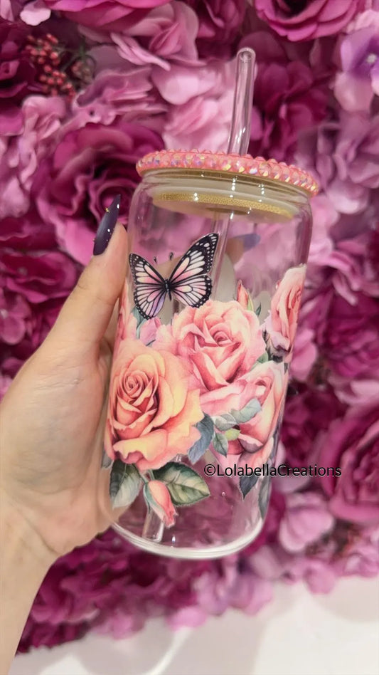 Pink Flowers and Butterflies Glass Can Cup Rhinestone Pink Bling Lid