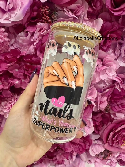 Nail Artist Superpower Glass Can Cup Rhinestone Beige Cream Bling Lid