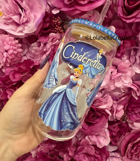 Cinderella Princess inspired Glass Can Cup Rhinestone Blue Bling Lid