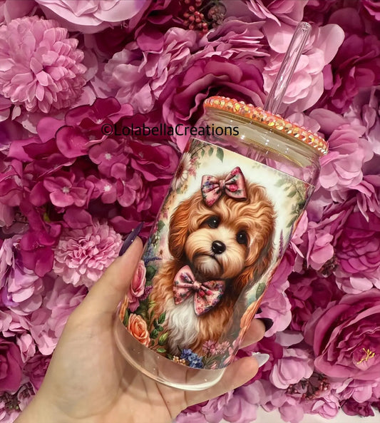 Cockapoo Glass Can Cup Rhinestone Orange Peach Bling Lid