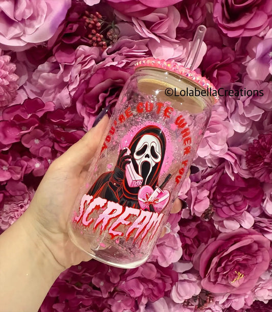 Ghost Face Pink Horror Glass Can Cup Rhinestone Pink Bling Lid