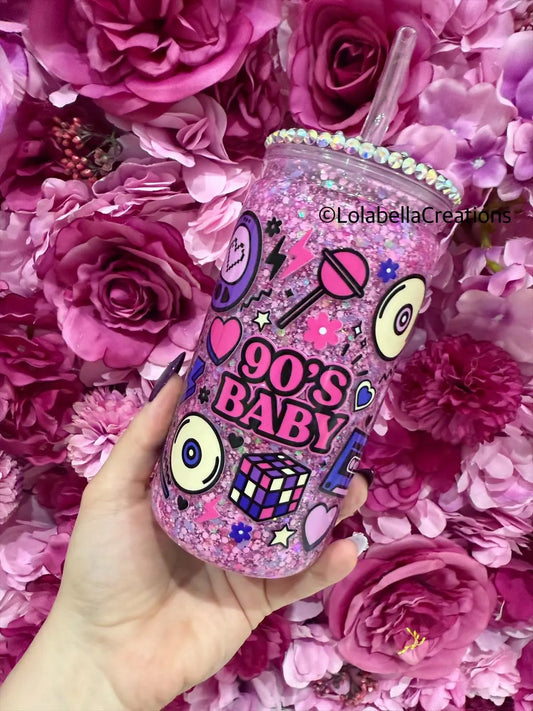 90's baby Acrylic Slow Flow Suspended Snowglobe Cup Tumbler with Rhinestone Decorated Bling Lid