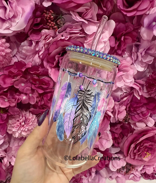 Dreamy Feathers Glass Can Cup Rhinestone Purple Bling Lid