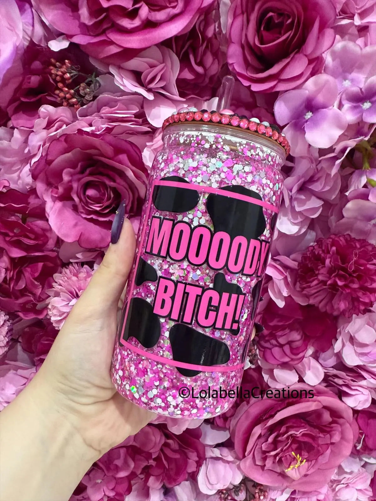 Moody Bitch Slow Flow Suspended Snowglobe Cup Tumbler with Rhinestone Pearl Decorated Bling Lid