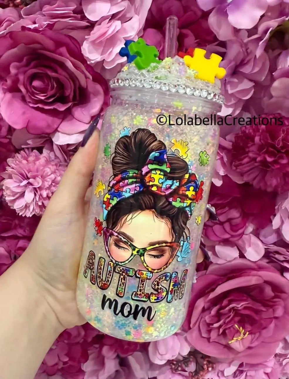 Autism Awareness Full Suspended Snowglobe Cup Tumbler with Ice Decorated Bling Lid