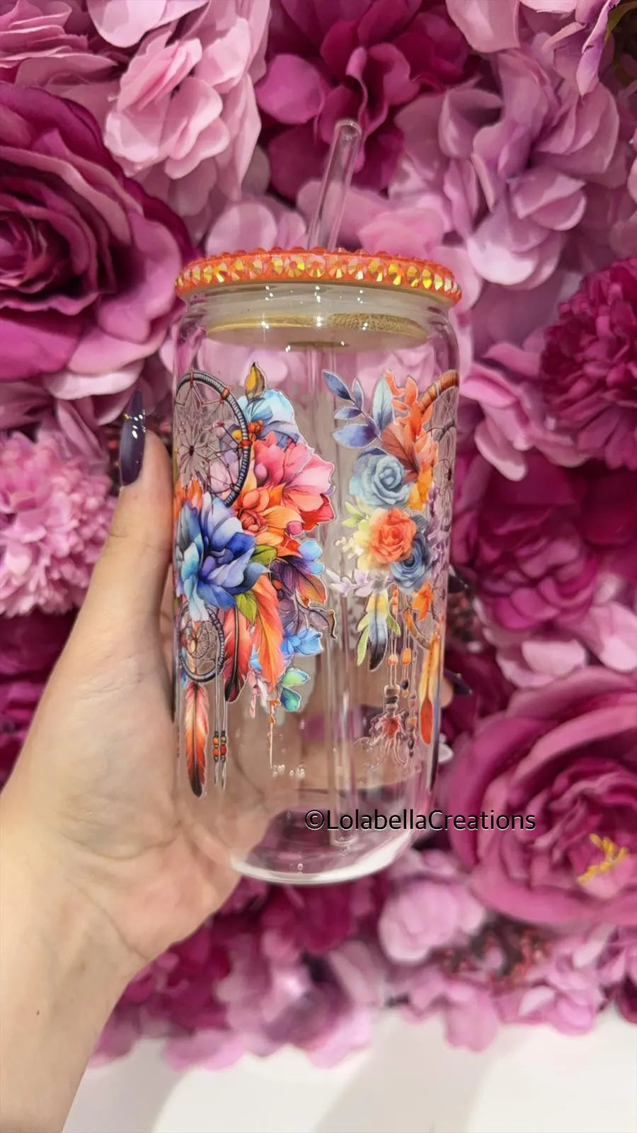 Dream Catcher Glass Can Cup Rhinestone Orange Bling