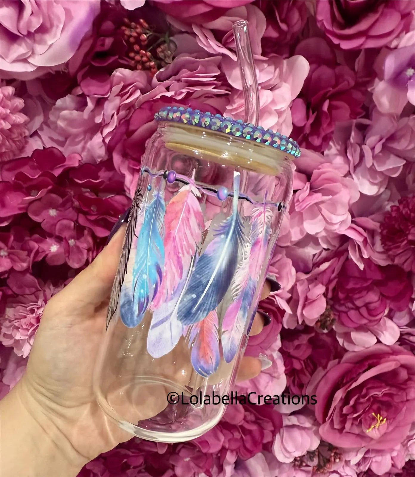 Dreamy Feathers Glass Can Cup Rhinestone Purple Bling Lid