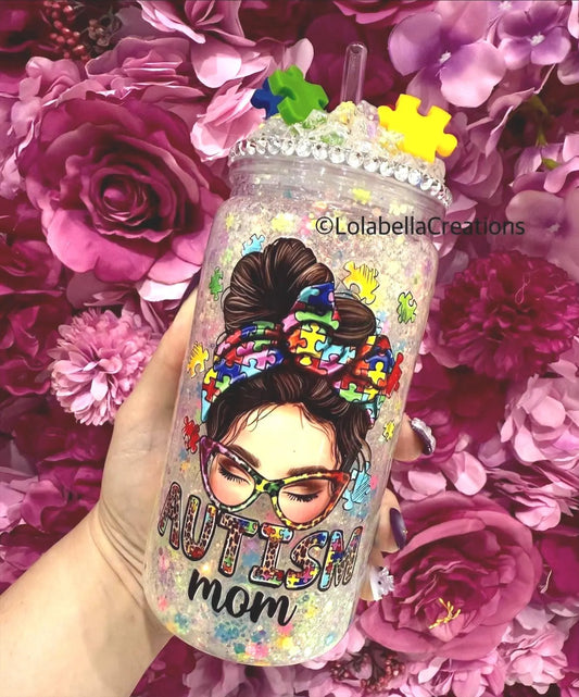 Autism Awareness Full Suspended Snowglobe Cup Tumbler with Ice Decorated Bling Lid