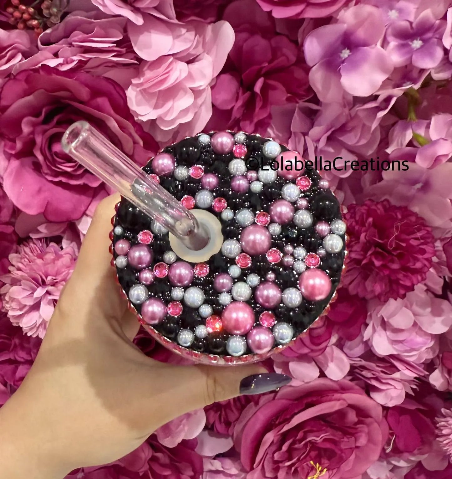 Moody Bitch Slow Flow Suspended Snowglobe Cup Tumbler with Rhinestone Pearl Decorated Bling Lid