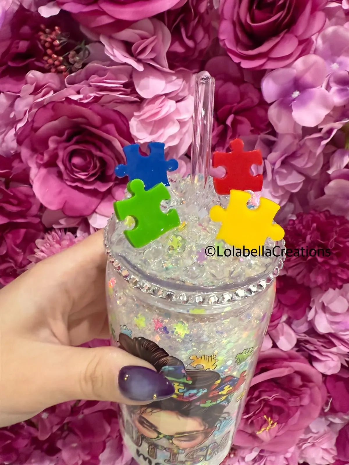 Autism Awareness Full Suspended Snowglobe Cup Tumbler with Ice Decorated Bling Lid